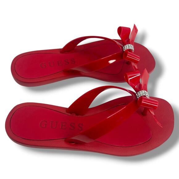 GUESS Tutu Eva Fashion Bow Detail Rhinestone Flip Flops Size 7 Red Fancy Sandals - Picture 5 of 11
